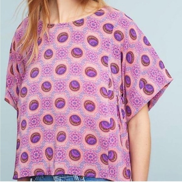 Maeve Anthropologie Pink Purple Milla Medallion Short Sleeve Blouse Boho Small - Picture 1 of 8